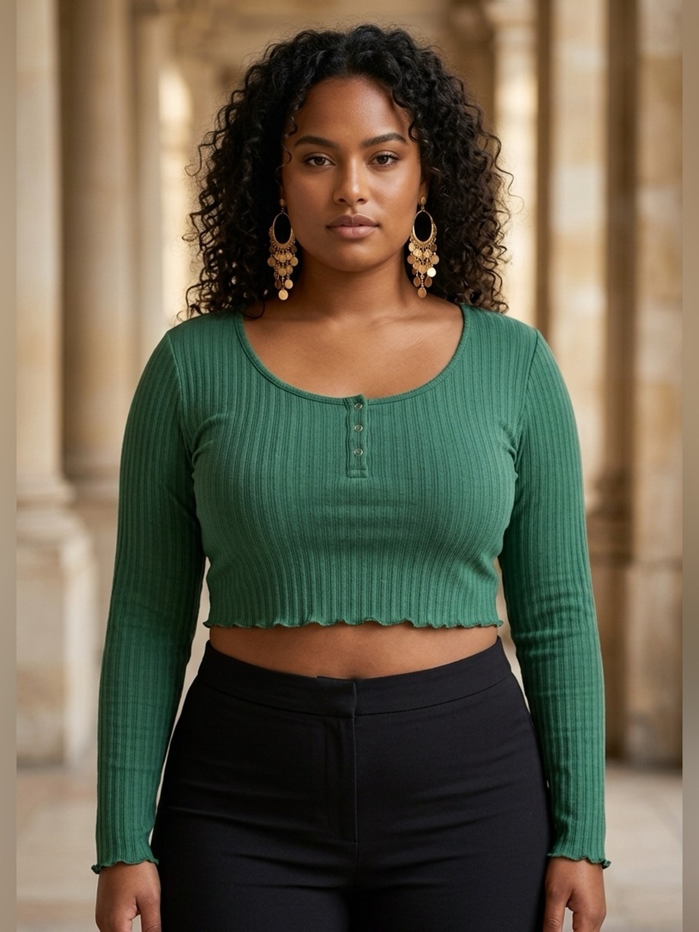 NWT BP Nordstrom Plus Size Crop Top Long Sleeve Ribbed Henley Green - Size 2XL